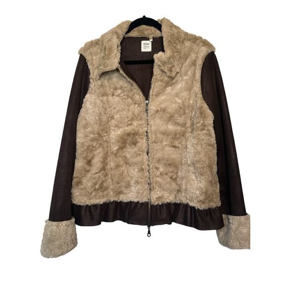 Dylan Women’s Faux Fur Long Sleeve Warm Ruffled Hem Jacket Size Large Brown Tan - Picture 1 of 9